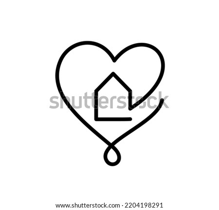 House with heart vector hand drawn monoline logo icon real estate one art line, shape within. love home symbol, illustration isolated on white background.