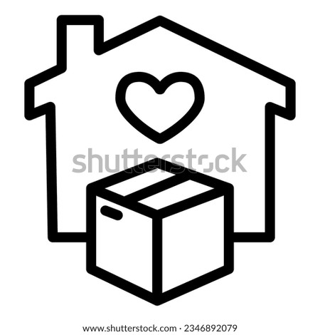 House with heart window and box line icon, Logistics delivery symbol, home delivery and cardboard package vector sign on background, contactless icon outline. Vector graphics.
