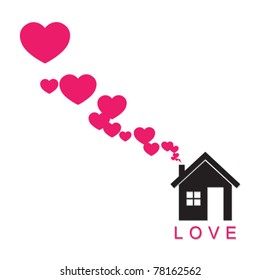 House and hearts instead of smoke rising from the chimney Abstract vector illustration. Place for your text,