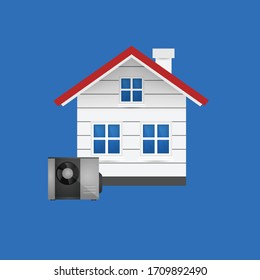 House And Heat Pump.Conceptual Vector Illustration In Flat Style Design.Isolated On Background.