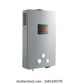 House Heater Equipment For Heating Water Vector. Blank Stylish Steel Automatical Device For Heating Room Temperature With Temp Control Electronic Screen. Mockup Realistic 3d Illustration