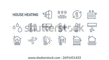House heating and air conditioning icons set, line art style collection of climate control, temperature regulation, ventilation, radiator, thermostat and energy efficiency symbols vector illustration.