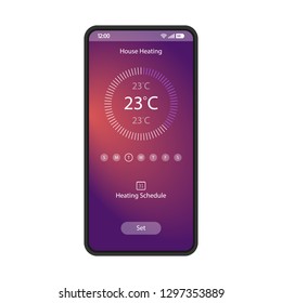 Smartphone-Schnittstellenvektorvorlage für die Hausheizung-App. Mobile Seite schwarzes Design Layout. Bildschirm für Fernwärme-Controller. Farbflache Benutzeroberfläche. Smarthome-Software auf Telefonanzeige