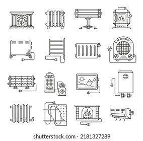 Hausheizgeräte Linie Kunst monochrome Ikone Satz Vektorgrafik. Haushaltsgeräte für die Temperaturregelung im Innern Kamin Batteriekombinator-Splitterstecker für bequemes Inneres