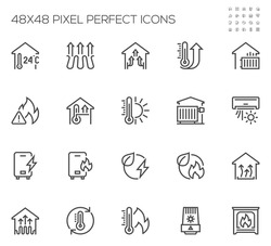 House Heating. Heat Supply. Heating Boiler, Water Heater, Gas And Electric Heating. Vector Line Icons Set. Editable Stroke. 48x48 Pixel Perfect.