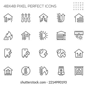 House Heating. Heat Supply. Heating Boiler, Water Heater, Gas and Electric Heating. Vector Line Icons Set. Editable Stroke. 48x48 Pixel Perfect.