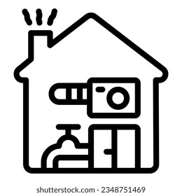 Icono de la línea de calefacción de la casa, concepto de temporada de invierno, señal de calefacción doméstica sobre fondo blanco, casa con tuberías de gas e ícono de aire acondicionado en estilo para y web. Gráficos vectoriales.