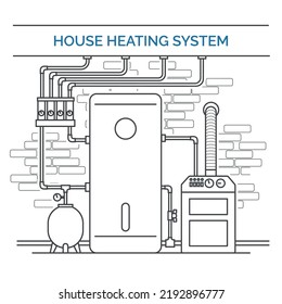 House Heating System. Gas Furnace Water Boiler On Wall Linear Sketch, Domestic Heat Energy Equipment Interior Vector Illustration