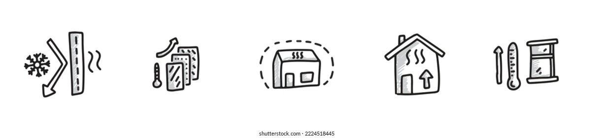 Icon-Set für die Heizung des Hauses, Konzept der Hausisolation, Isolierwände, Vektorsymbole aus Fenstern, Heizungsmarken, Warmdrinnen warm halten, Symbole einzeln auf weißem Hintergrund