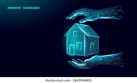 House held by polygonal hands. Digital home protection safety technology design. Real estate insurance security construction. Blue dark polygonal style vector