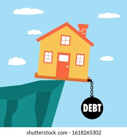 House Held On Cliff By A Ball And Chain. House Debt Flat Design Vector Illustration.