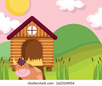 house hen bull hills plants grass sun farm animal cartoon vector illustration