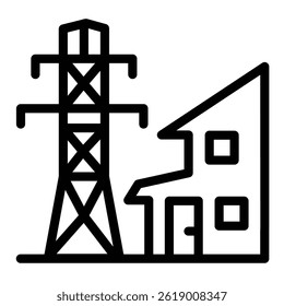 House and high voltage pole line icon, electrician service concept. Vector graphics. Building electrical safety sign on white background, style mobile or design