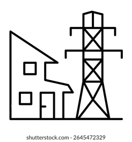 House and high voltage pole thin line icon, electrician service concept. Vector graphics. Building electrical safety sign on white background, style mobile or design