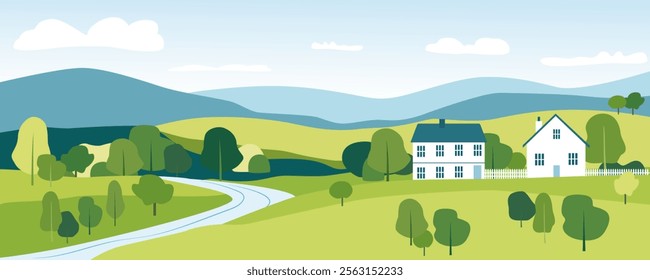 House in the hills, a rural landscape of green fields and meadows, hills with trees and a road leading to the mountains. An estate in a picturesque area among hills and mountains.