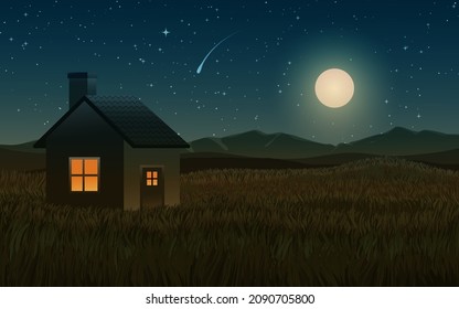 House in hilly land at moonlight landscape