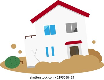 A house hit by a landslide. It is vector illustration on white isolated background.