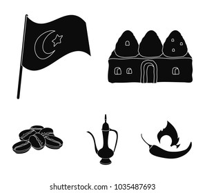 House hive, national flag, coffee pot copper, grains coffee.Turkey set collection icons in black style vector symbol stock illustration web.