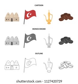 House hive, national flag, coffee pot copper, grains coffee.Turkey set collection icons in cartoon,outline,monochrome style vector symbol stock illustration web.