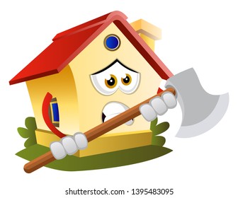 La casa está sosteniendo un hacha, ilustración, vector sobre fondo blanco.