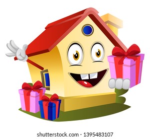 House is holding present, illustration, vector on white background.