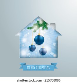 House hole with blue sky, christmas baubles and banner. Eps 10 vector file.