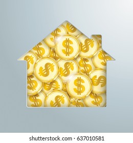 House hole with the golden dollar coins. Eps 10 vector file.