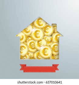 House hole with golden euro coins and red ribbon. Eps 10 vector file.