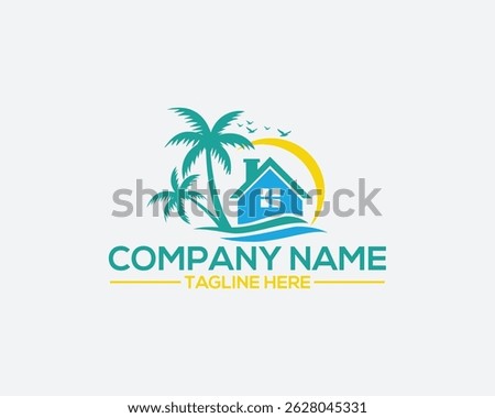 House home with beautiful sunrise vector logo design, palm tree with Seaside beach logo Design template