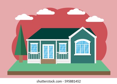 house home building design with garden and white cloud on the pink background.vector and illustration