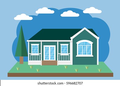 house home building design with garden and white cloud on blue background.vector and illustration