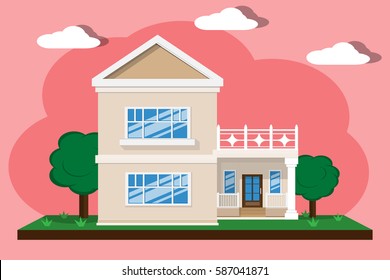 house home building design with tree, grass and dirt on pink background with cloud.vector and illustration