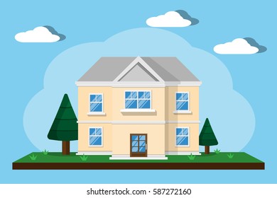 house home building design with tree, grass and dirt on blue background with cloud.vector and illustration