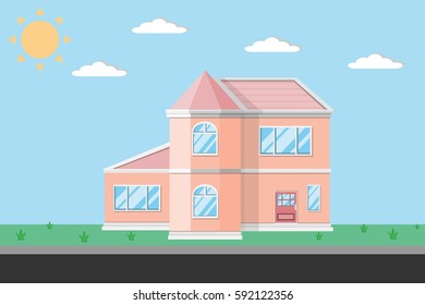 house home building design with white cloud and sun on the blue background.vector and illustration