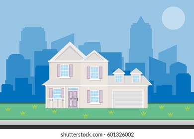 house home building with garden and blue cityscape on the blue sky with sun.vector and illustration