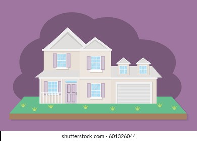 house home building with garden on the purple sky.vector and illustration