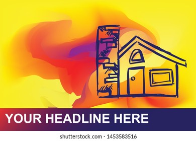 House, Home or Building Icon. Creative Abstract Art Background with Color Yellow, Red, Violet. Graphic Design Concept, Flat, Line, Element, Vector Illustration EPS 10.