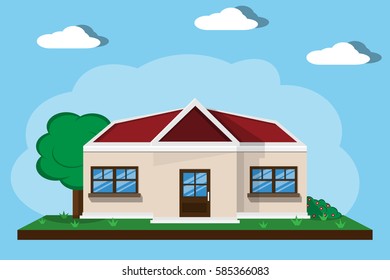 house home building on the grass and tree on the blue background with cloud.vector and illustration