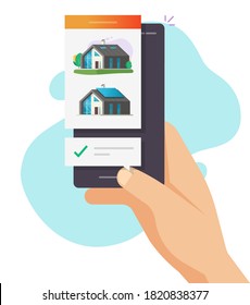 House home buy or rental web app with online choosing check mark notice on mobile phone person hand vector flat cartoon, rent or sell apartment or real estate agency application on smartphone