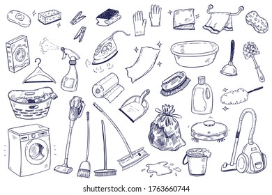 House and home cleaning themed doodle set. Various equipment, tools and facilities for washing, dusting, cleaning.