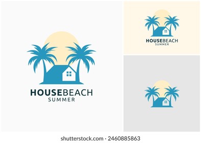 House Home Coast Beach Island Palm Tree Summer Holiday Vacation Vector Logo Design Illustration