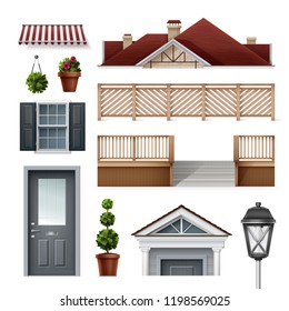 House home construction elements set. Windows and doors, benches and street lights. Architecture building, lantern and facade. Vector illustration isolated on white background