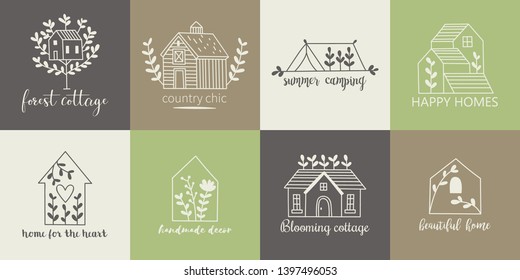 House, home, cottage and farm logo template with hand drawing icons