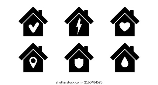 House, Home With Drop, Heart, Check Mark, Map Pin, Lightning Vector Icon Set