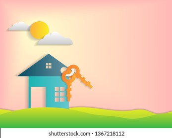 House or home estate real architecture building concept, vector abstract background, residential model home for  business property,key of success for do house,with sun and clouds backdrop,illustration