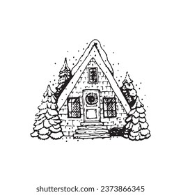 House home graphic outline christmas stickers winter wonderland fir forest new year merry line black decor decoration tree snow cozy evening cold warm art