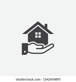 House or home hand gift vector icon, Home and hand vector icon illustration sign, home gift simple icon, Small house Icon Vector, Simple flat house symbol. Home Illustration