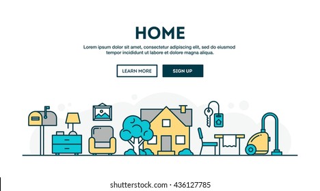 House, home, interior, colorful concept header, flat design thin line style, vector illustration