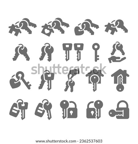 House and home keys vector icon set. Car keys, real estate and padlock icons.
