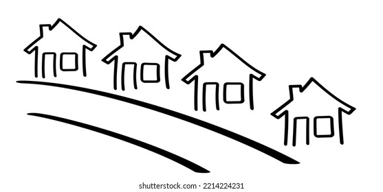 House, Home Line Pattern. House And Home Logo Or Symbol. For Sale In The Street. Buildings Silhouette, Architecture Collection. City, Town Life, Neighborhood. Residential Area. Real Estate And Realty